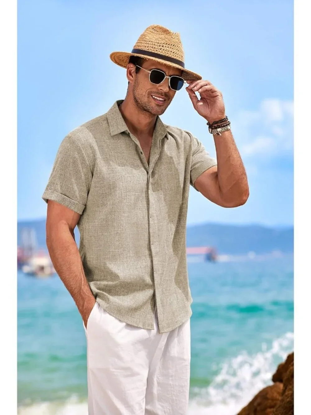 Men's Khaki Beach Linen Short Sleeve Casual Shirts Button Down